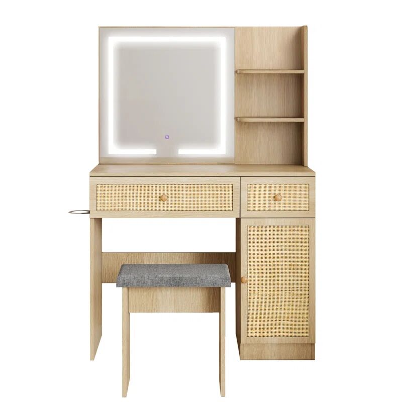   Luna Natural Rattan Dressing Table with LED Mirror & Stool Set