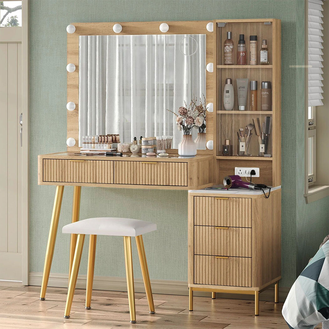   Verto Modern Wood Dressing Table with LED Bulb Mirror & Stool Set