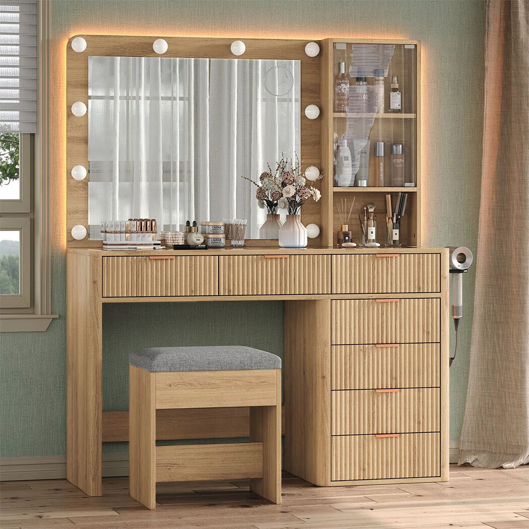   Linea Wood Dressing Table with LED Bulb Mirror & Stool Set