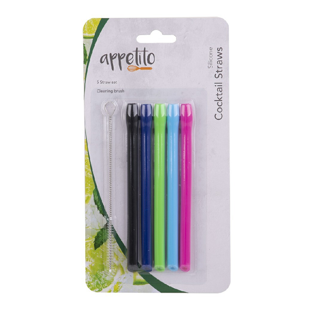   Silicone Cocktail Straws Set 5 w/ Brush Asst. Colours