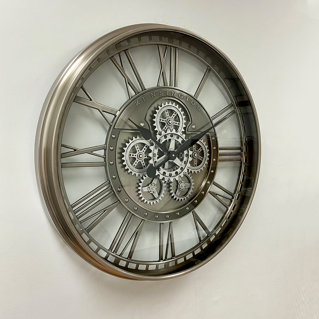   Round Industrial Silver Wash Iron Moving Gears Wall Clock 70cm