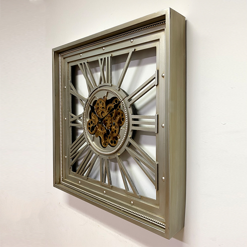   Metal Extra Large Square Moving Gears Wall Clock Silver 80cm