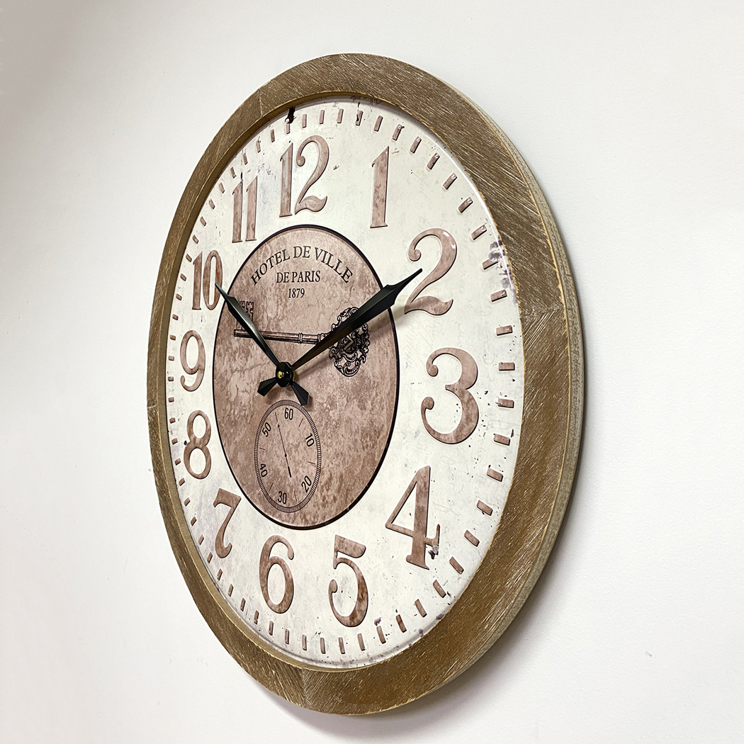   Hotel De Ville  Stamped Metal Dial Wood Frame Wall Clock 60cm