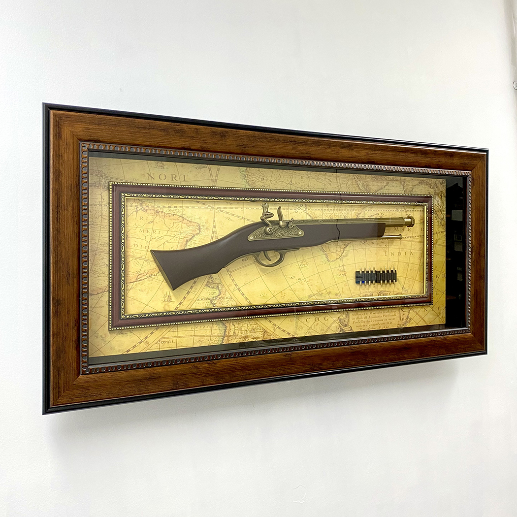   Home Decor Antique Plastic Gun Bullets Timber Frame with Glass Face