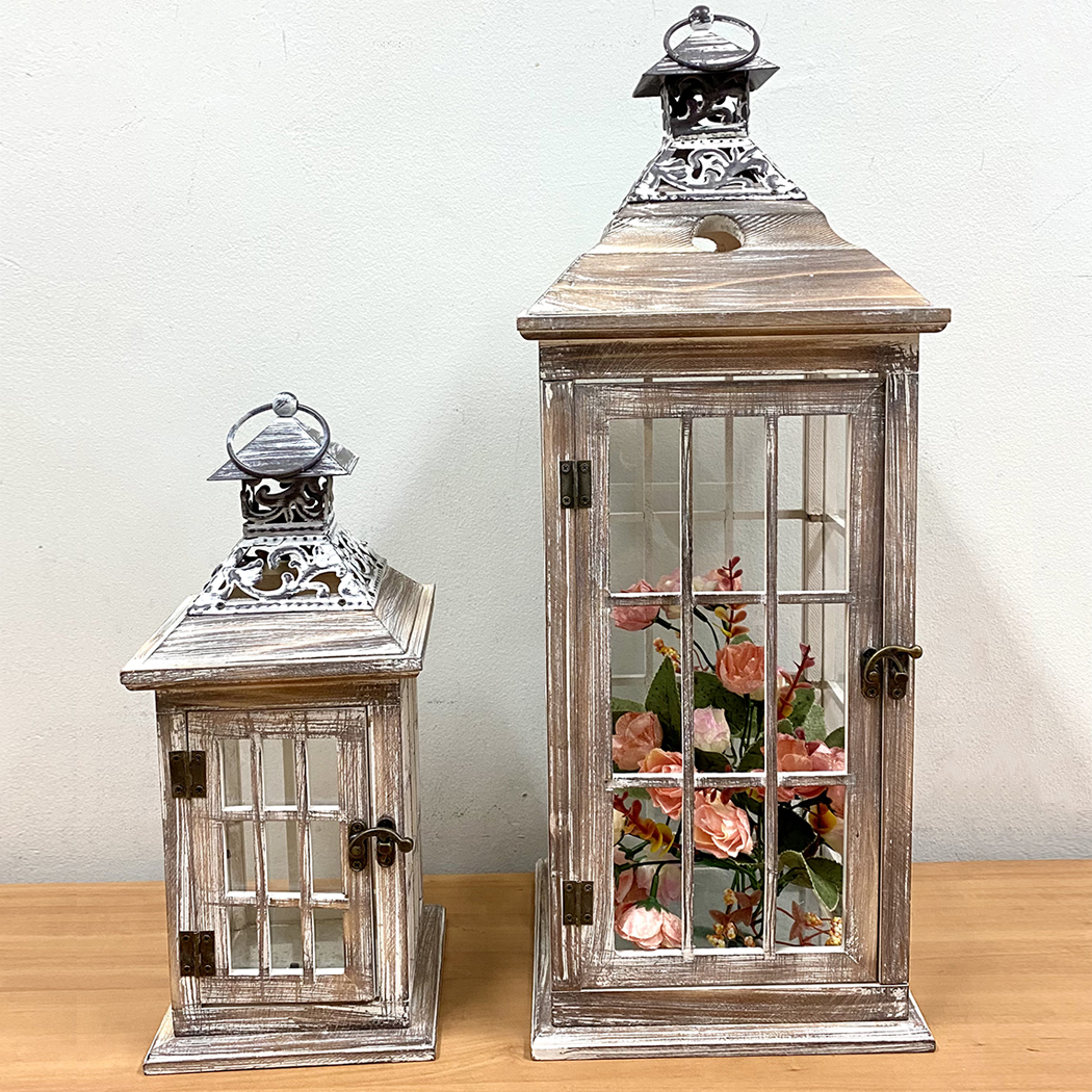   Vintage Wooden Candle Holder Lantern Set