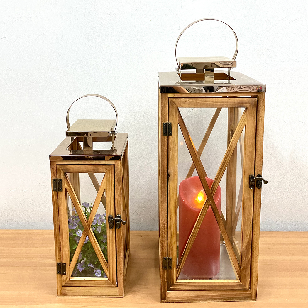   Timber & Metal Candle Holder Lantern Set 