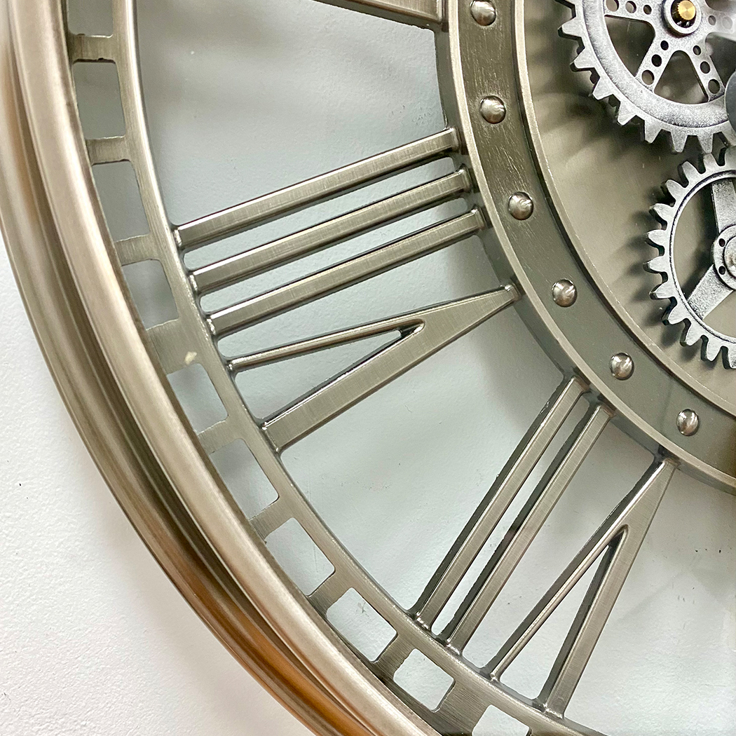   Round Industrial Silver Wash Iron Moving Gears Wall Clock 70cm