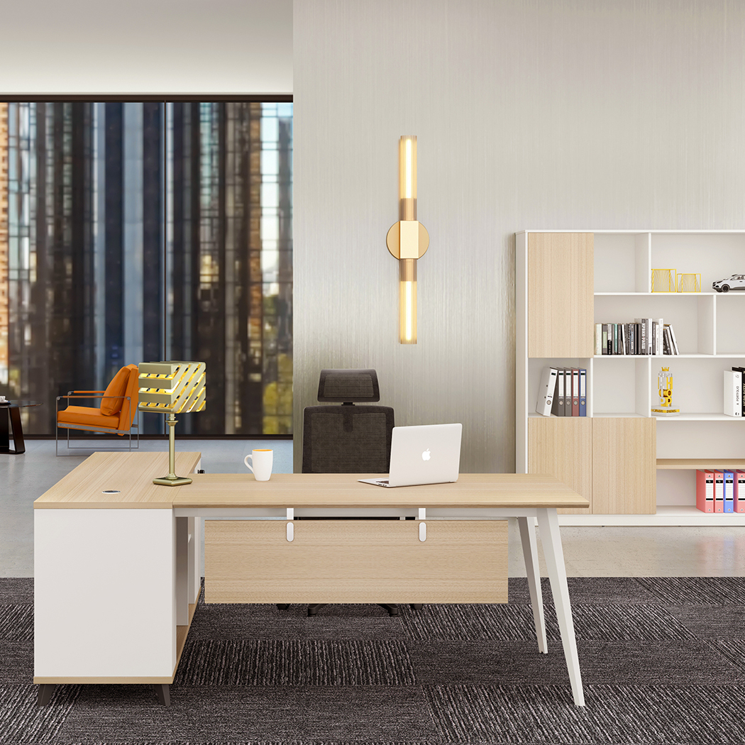   Esma 1.4m L-shaped Executive Desk Rhine Light Oak and White  