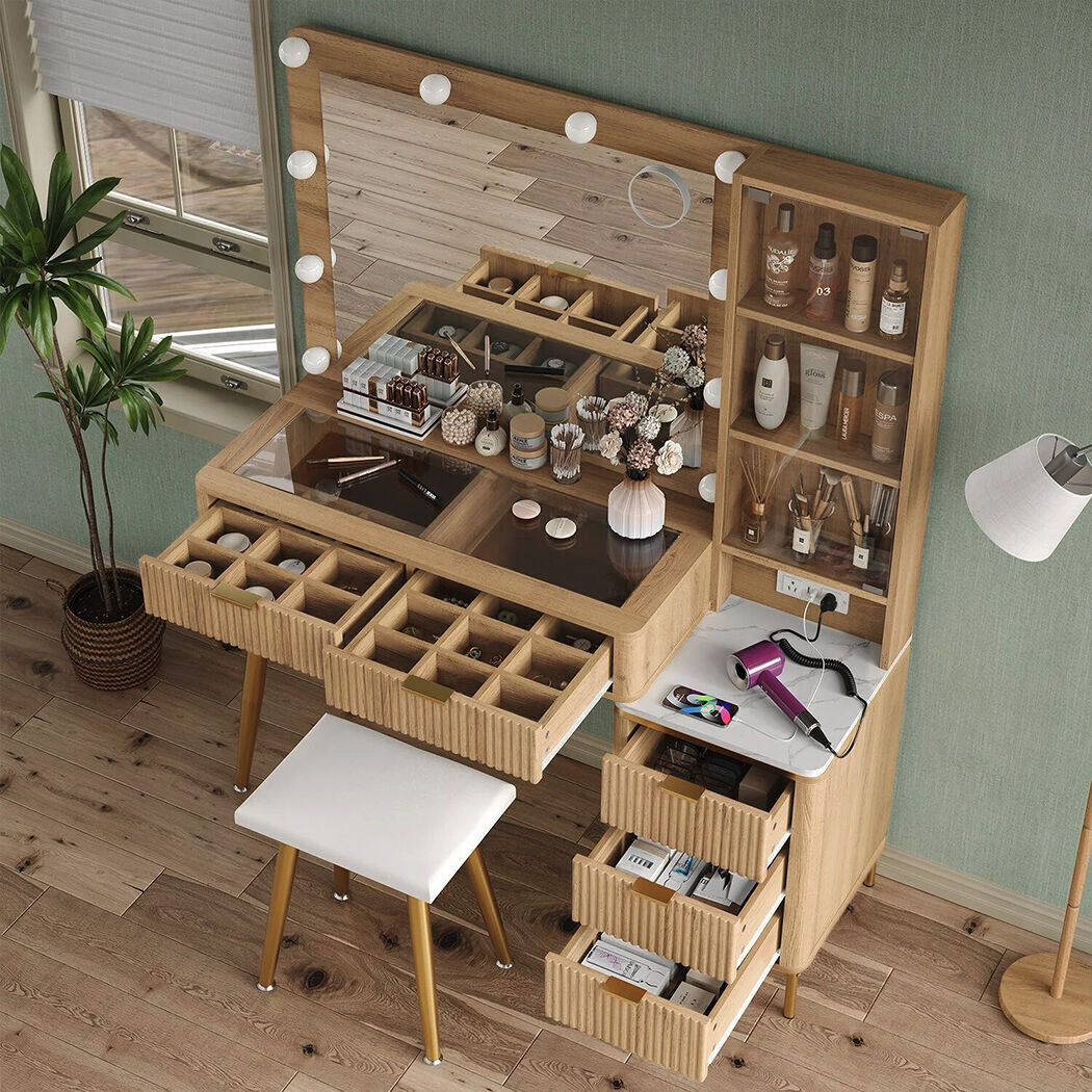   Verto Modern Wood Dressing Table with LED Bulb Mirror & Stool Set