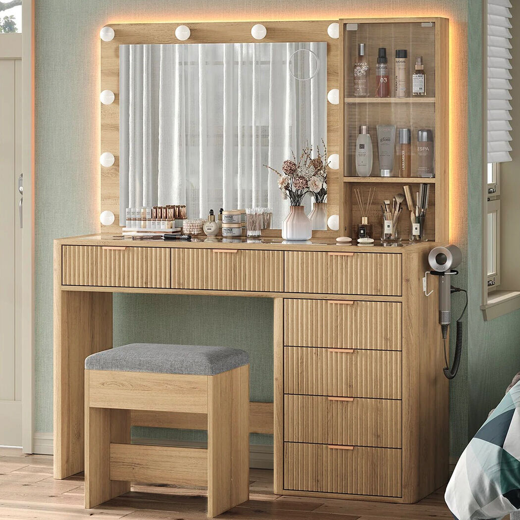   Linea Wood Dressing Table with LED Bulb Mirror & Stool Set
