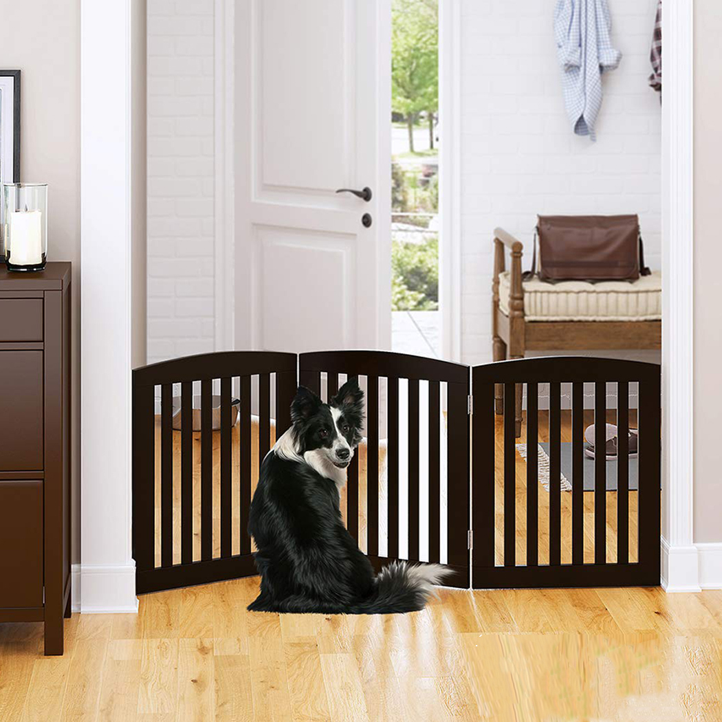   Freestanding Wooden Pet Gate 3 Panel Foldable Fence Brown
