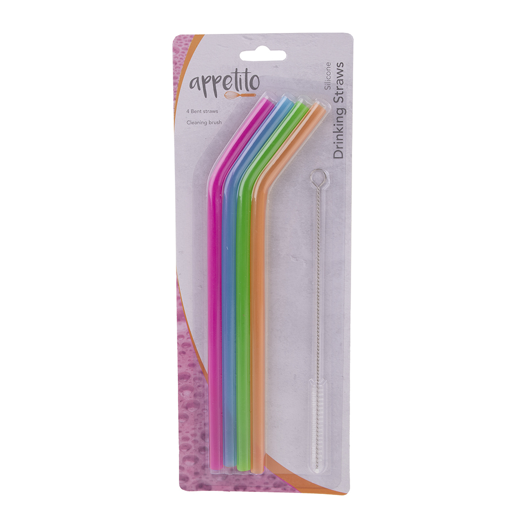   Appetito Set of 4 Translucent Silicone Bent Straws with Brush
