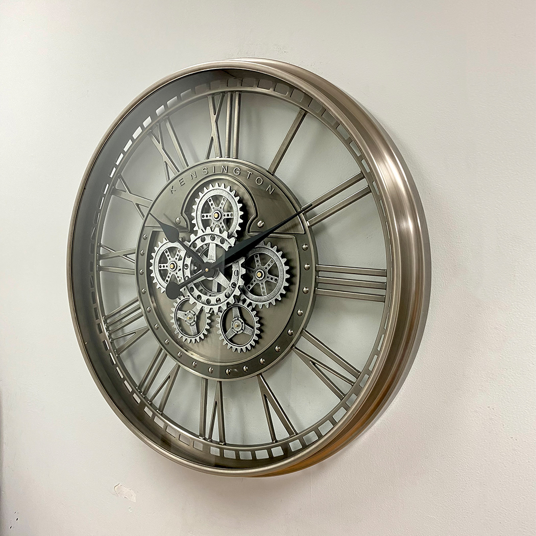   Round Industrial Silver Wash Iron Moving Gears Wall Clock 70cm
