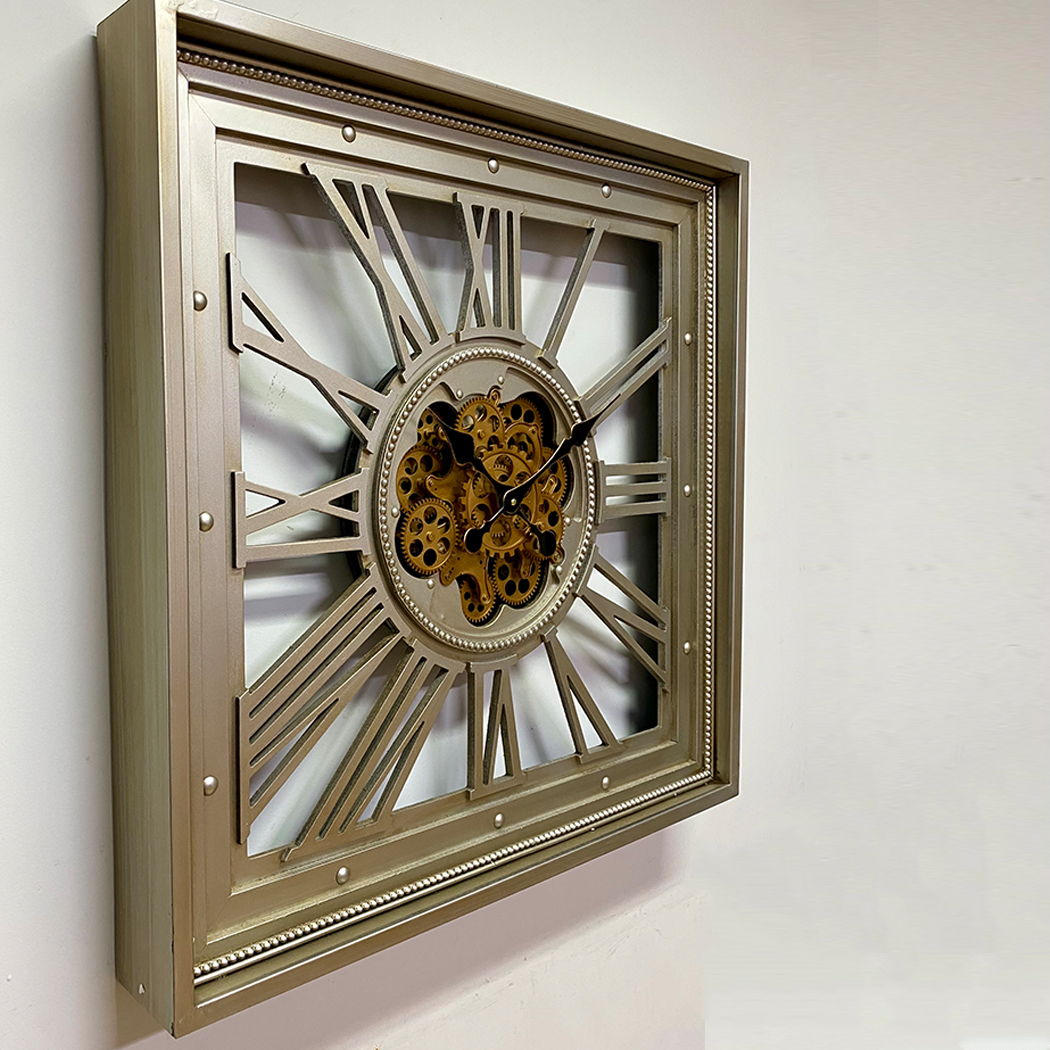   Metal Extra Large Square Moving Gears Wall Clock Silver 80cm