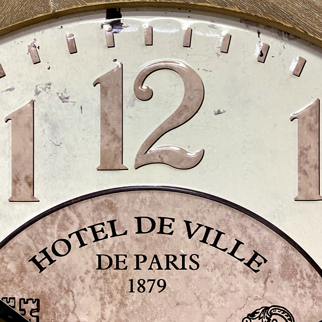   Hotel De Ville  Stamped Metal Dial Wood Frame Wall Clock 60cm