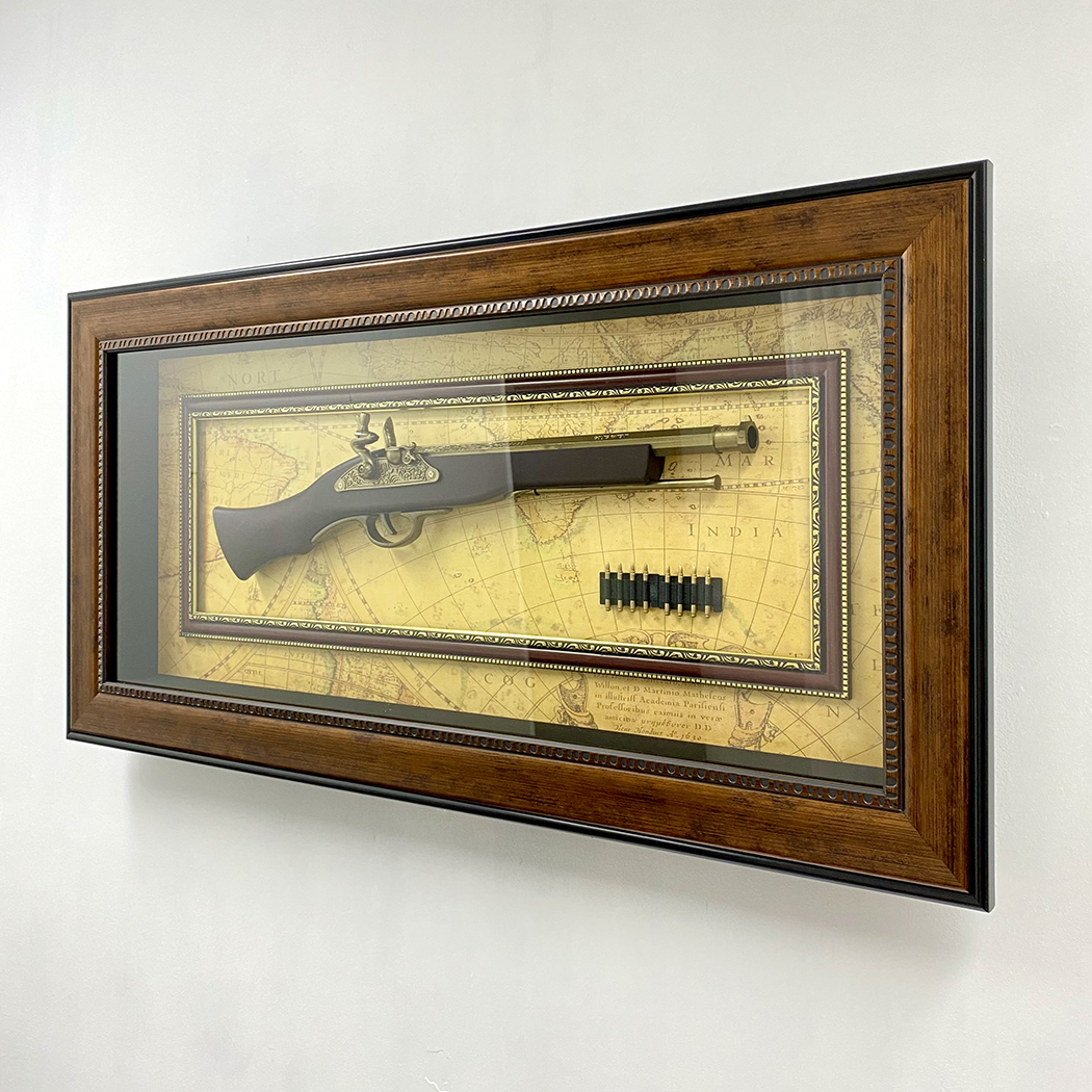   Home Decor Antique Plastic Gun Bullets Timber Frame with Glass Face