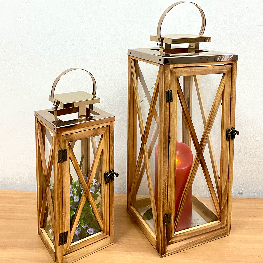   Timber & Metal Candle Holder Lantern Set 