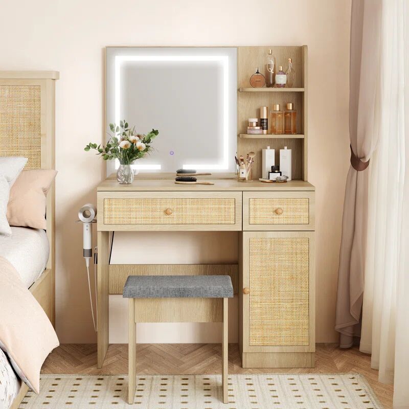   Luna Natural Rattan Dressing Table with LED Mirror & Stool Set