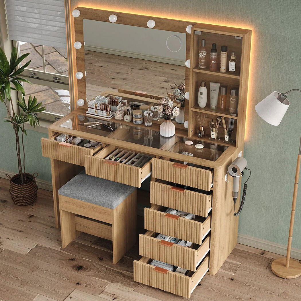   Linea Wood Dressing Table with LED Bulb Mirror & Stool Set