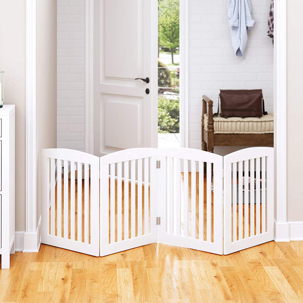   Set of 2 Freestanding Wooden Pet Gate 4 Panel Foldable Fence White