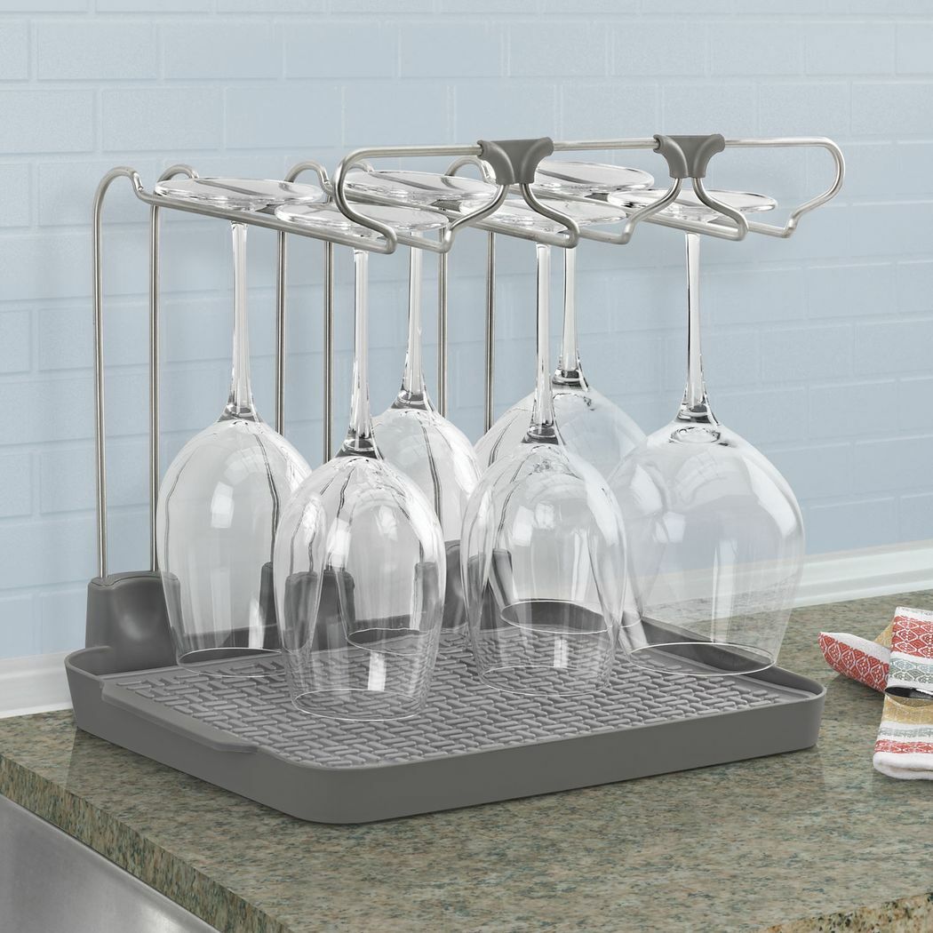 Polder Wine Glass Drying Rack Grey Holds Up to 6 Glasses Staineless