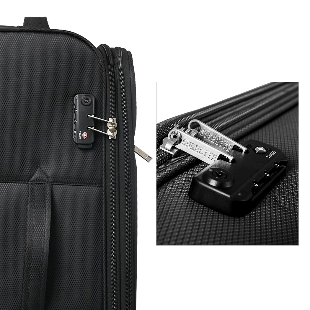   Conwwod SureLite 3pc 8 Wheels Soft Trolley Suitcase Black