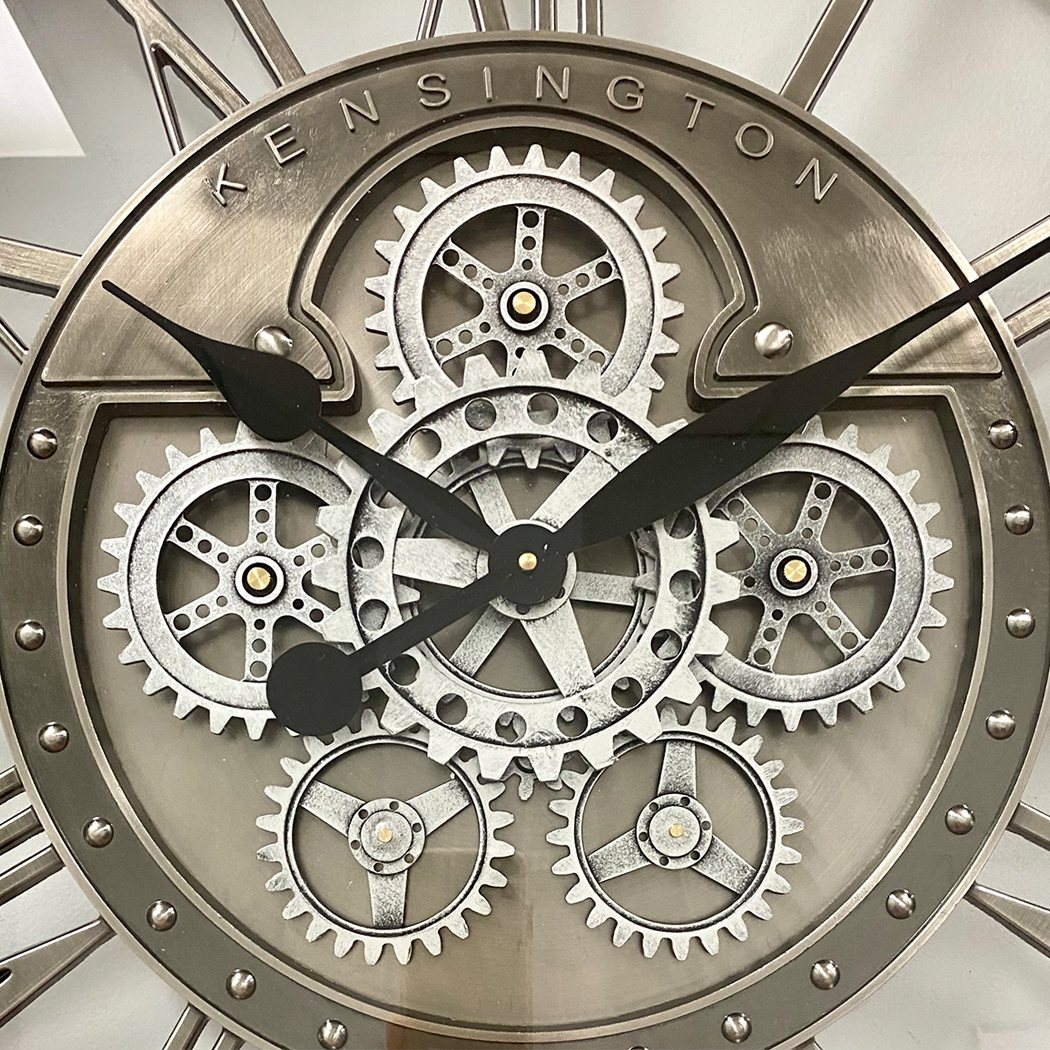   Round Industrial Silver Wash Iron Moving Gears Wall Clock 70cm