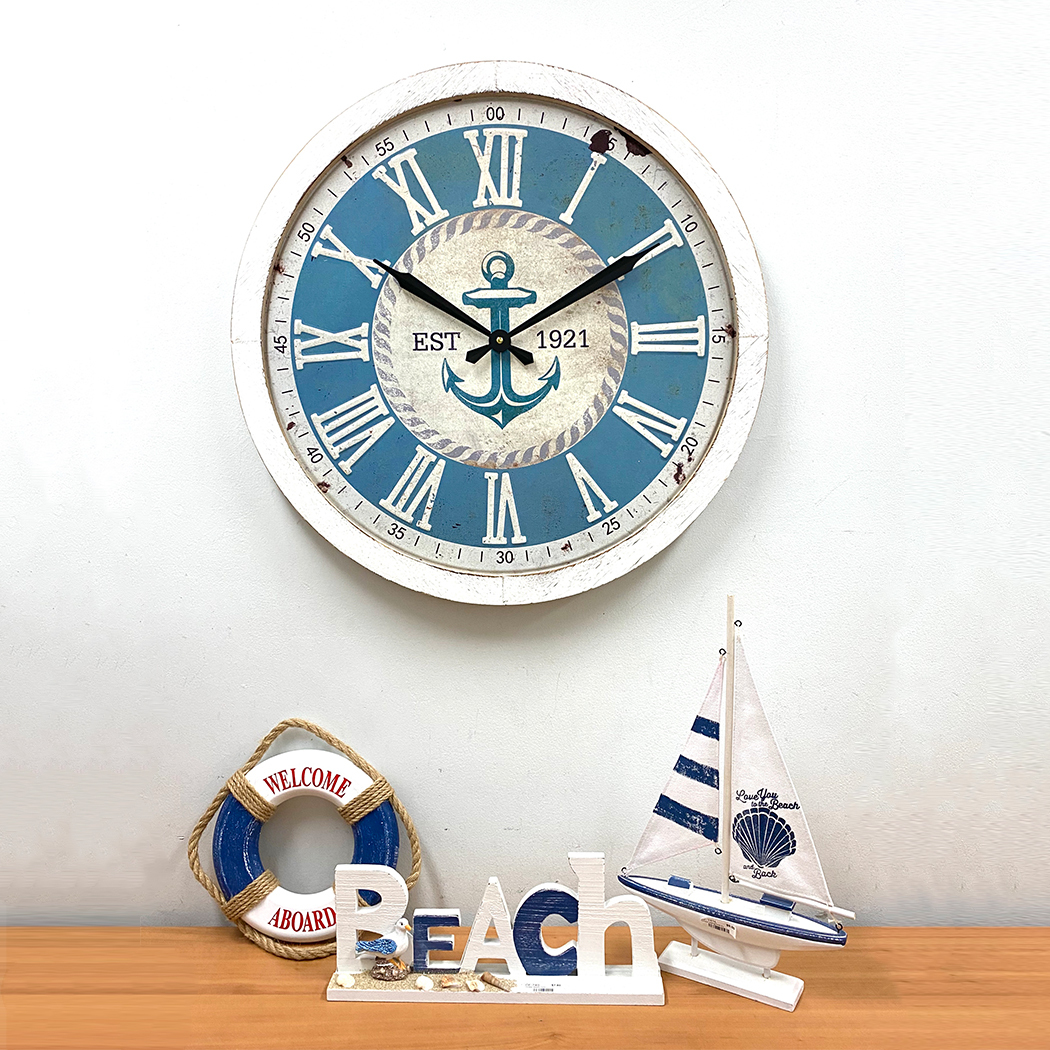   Anchor Stamped Metal Dial Wood Frame Wall Clock 60cm
