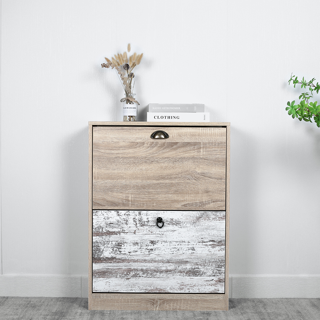   Set of 2 Luka 2 Drawer Shoe Cabinet White Washed and Oak