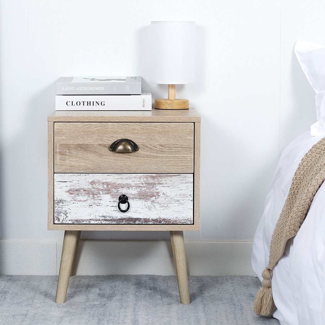   Set of 2 Luka 2 Drawer Bedside Table White Washed and Oak