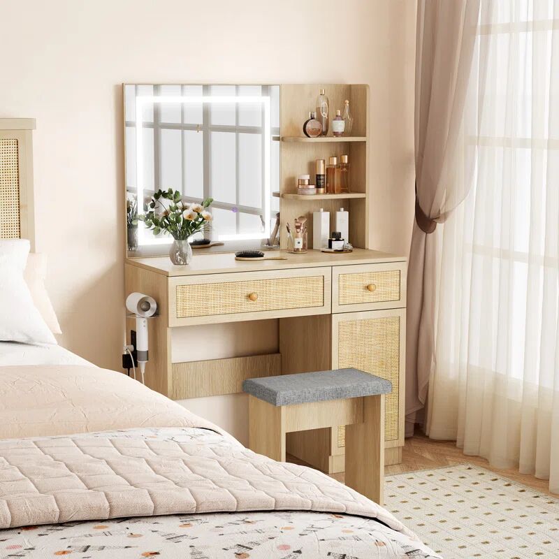   Luna Natural Rattan Dressing Table with LED Mirror & Stool Set