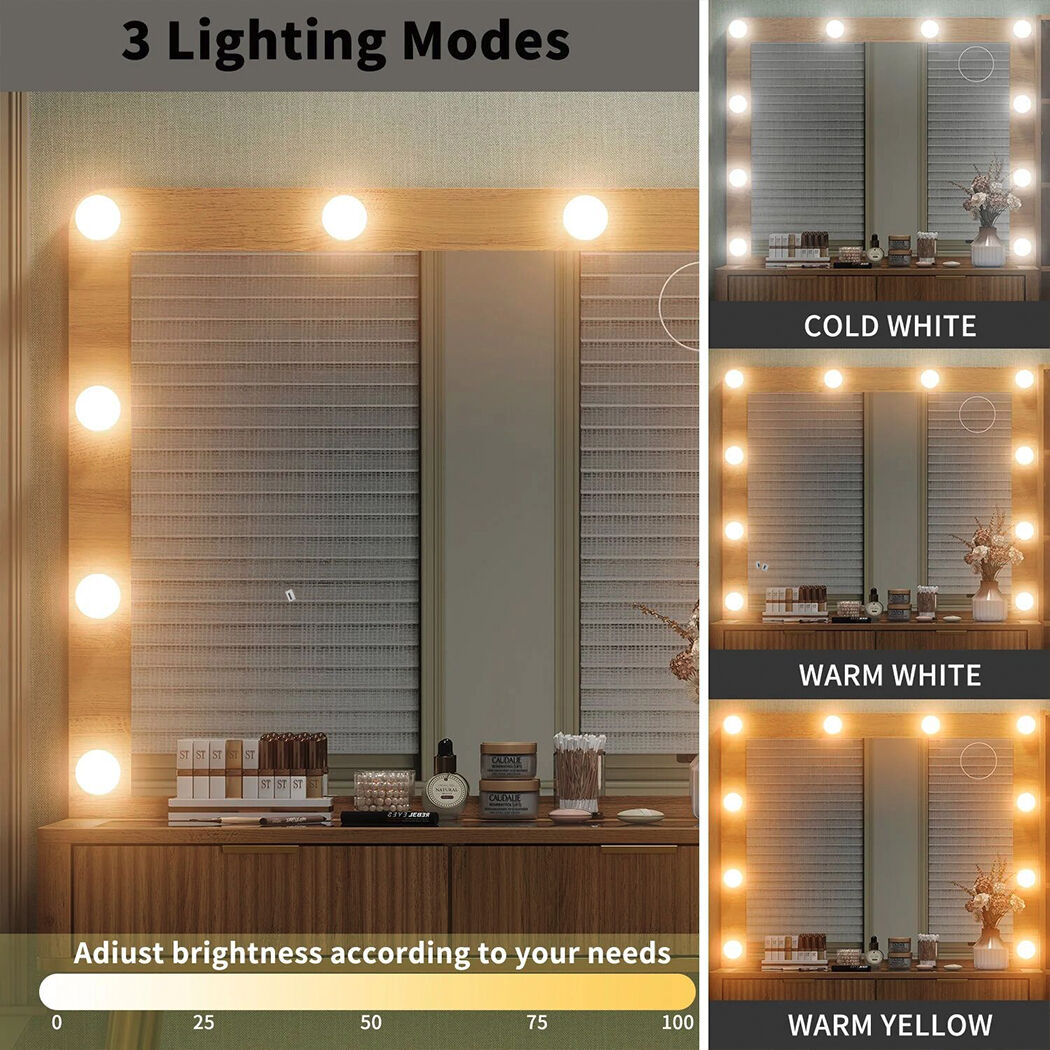   Verto Modern Wood Dressing Table with LED Bulb Mirror & Stool Set