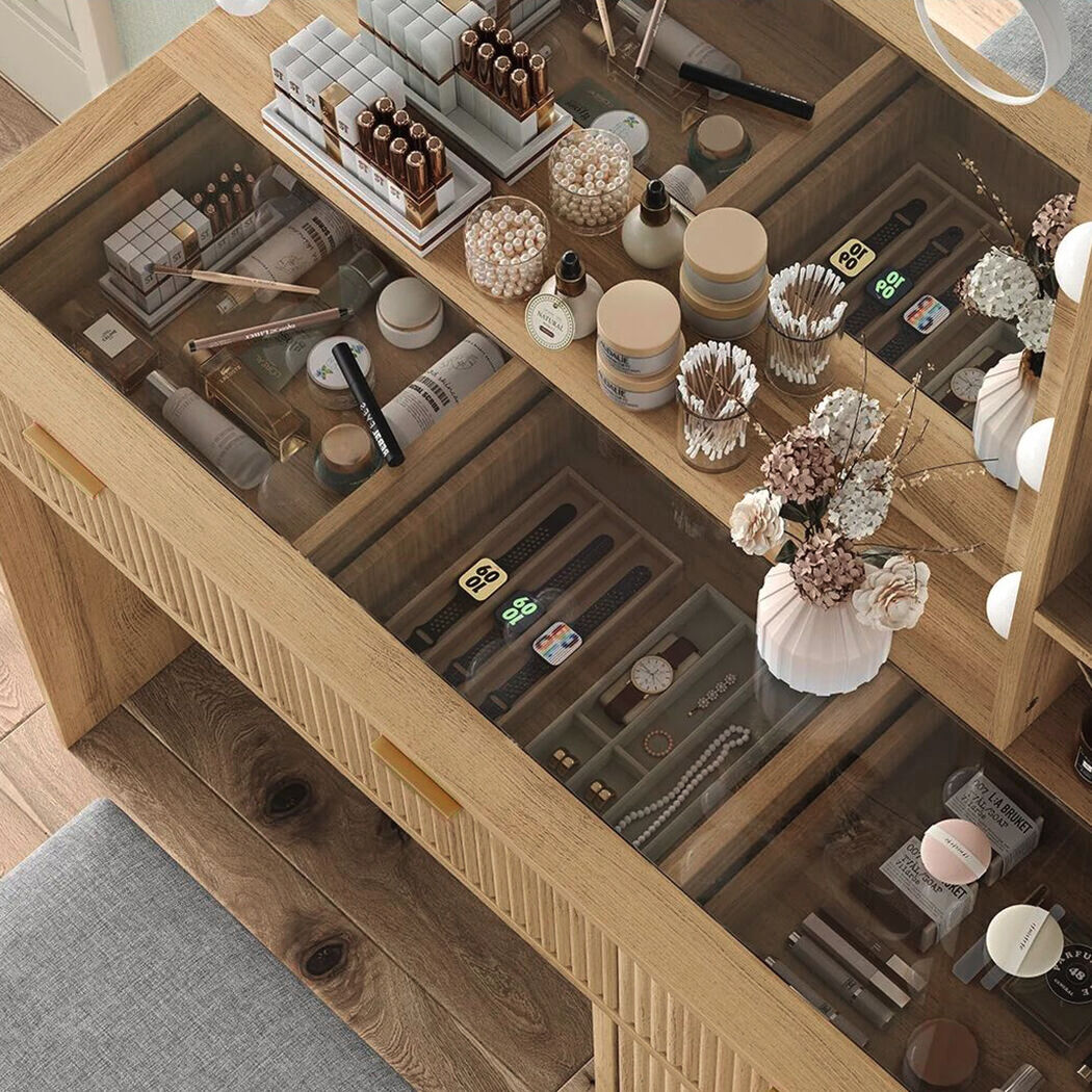   Linea Wood Dressing Table with LED Bulb Mirror & Stool Set
