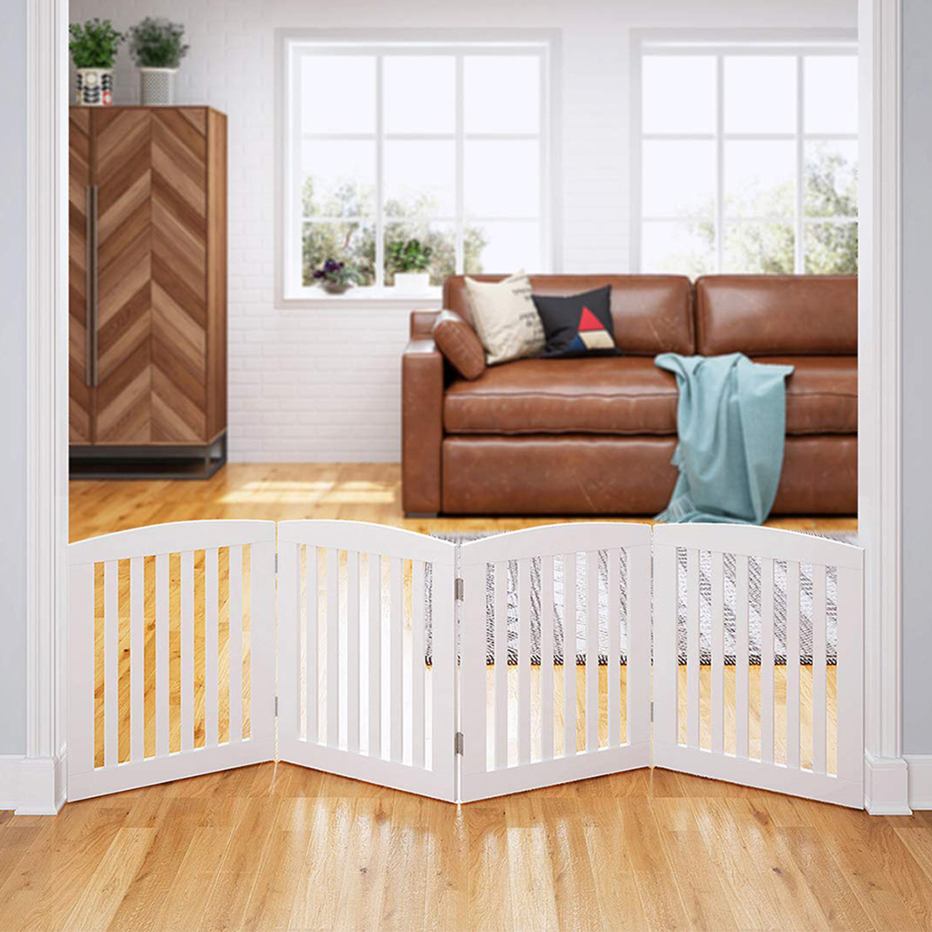   Set of 2 Freestanding Wooden Pet Gate 4 Panel Foldable Fence White