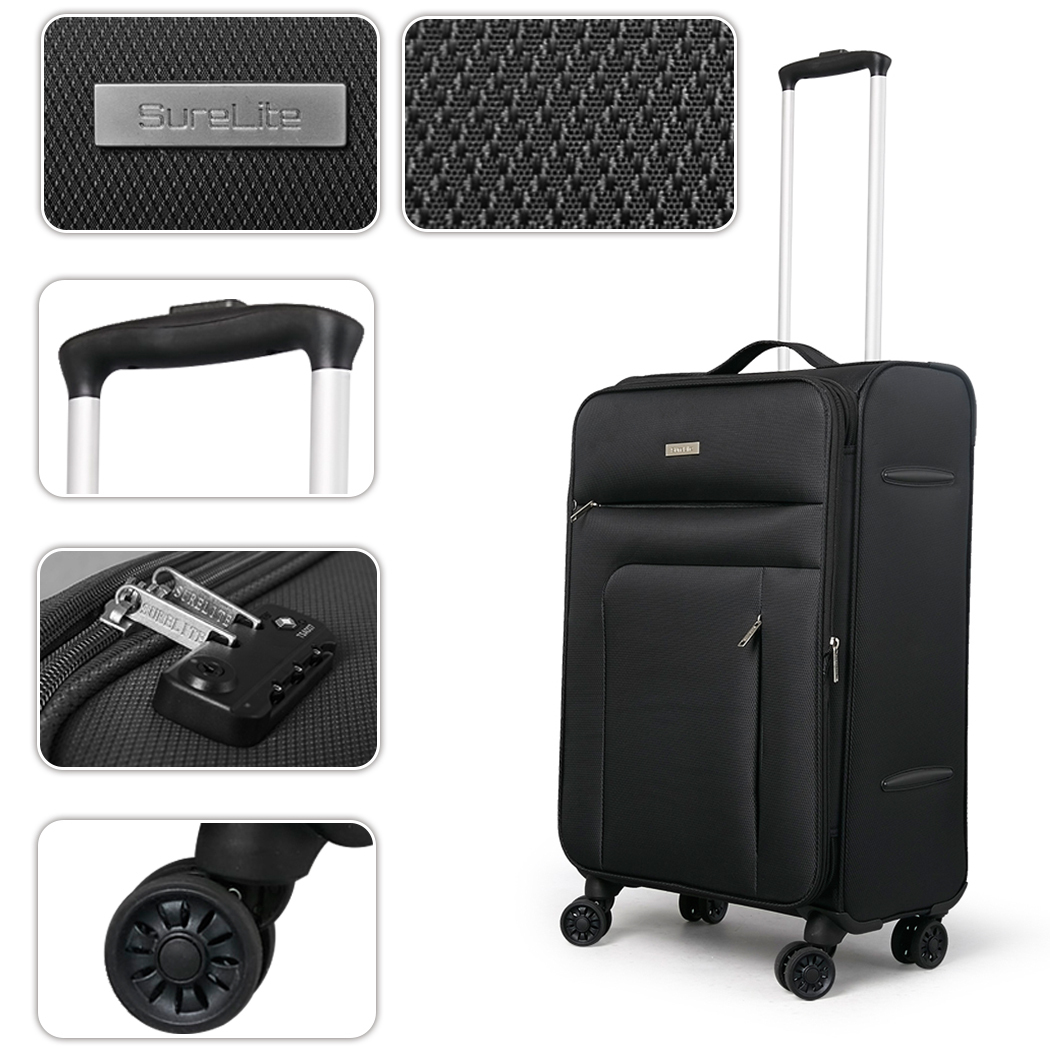   Conwwod SureLite 3pc 8 Wheels Soft Trolley Suitcase Black
