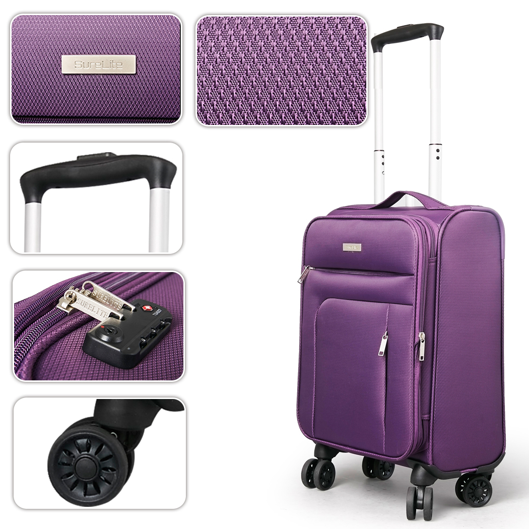   Conwwod SureLite 3pc 8 Wheels Soft Trolley Suitcase Purple
