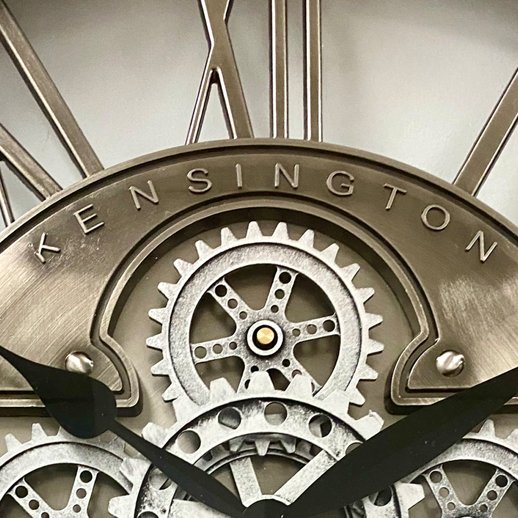   Round Industrial Silver Wash Iron Moving Gears Wall Clock 70cm