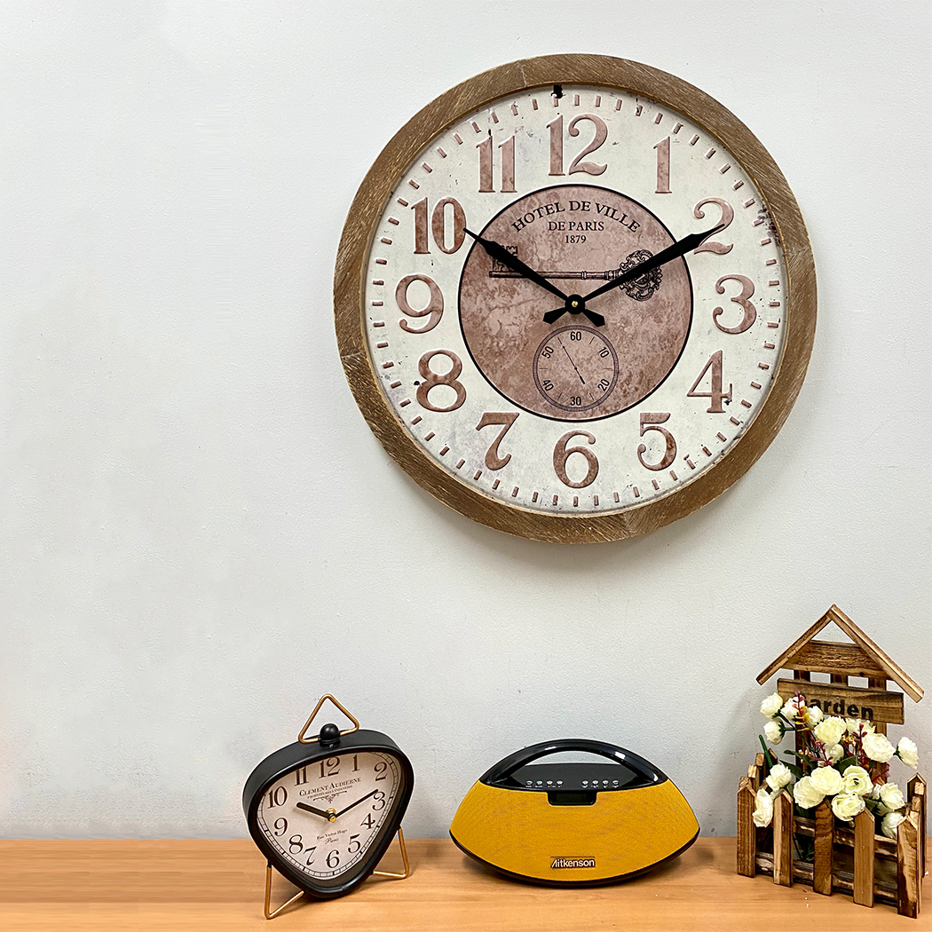   Hotel De Ville  Stamped Metal Dial Wood Frame Wall Clock 60cm