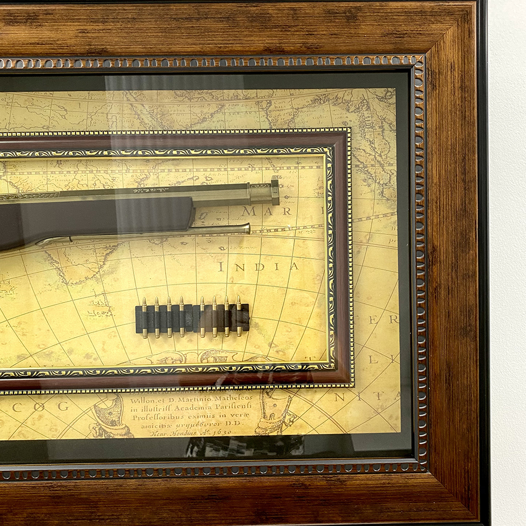   Home Decor Antique Plastic Gun Bullets Timber Frame with Glass Face