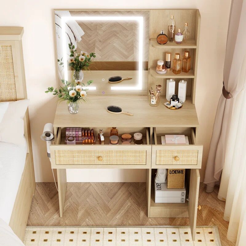   Luna Natural Rattan Dressing Table with LED Mirror & Stool Set