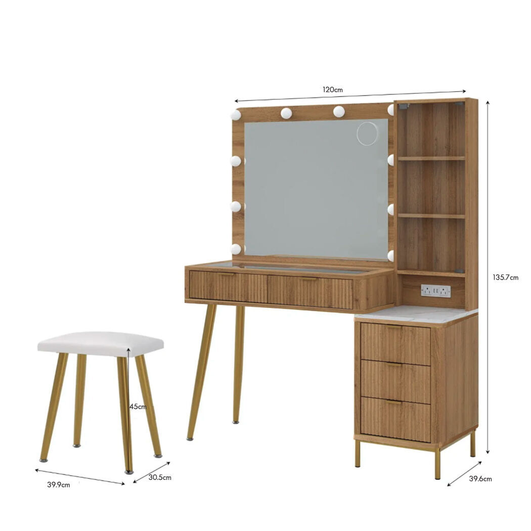   Verto Modern Wood Dressing Table with LED Bulb Mirror & Stool Set