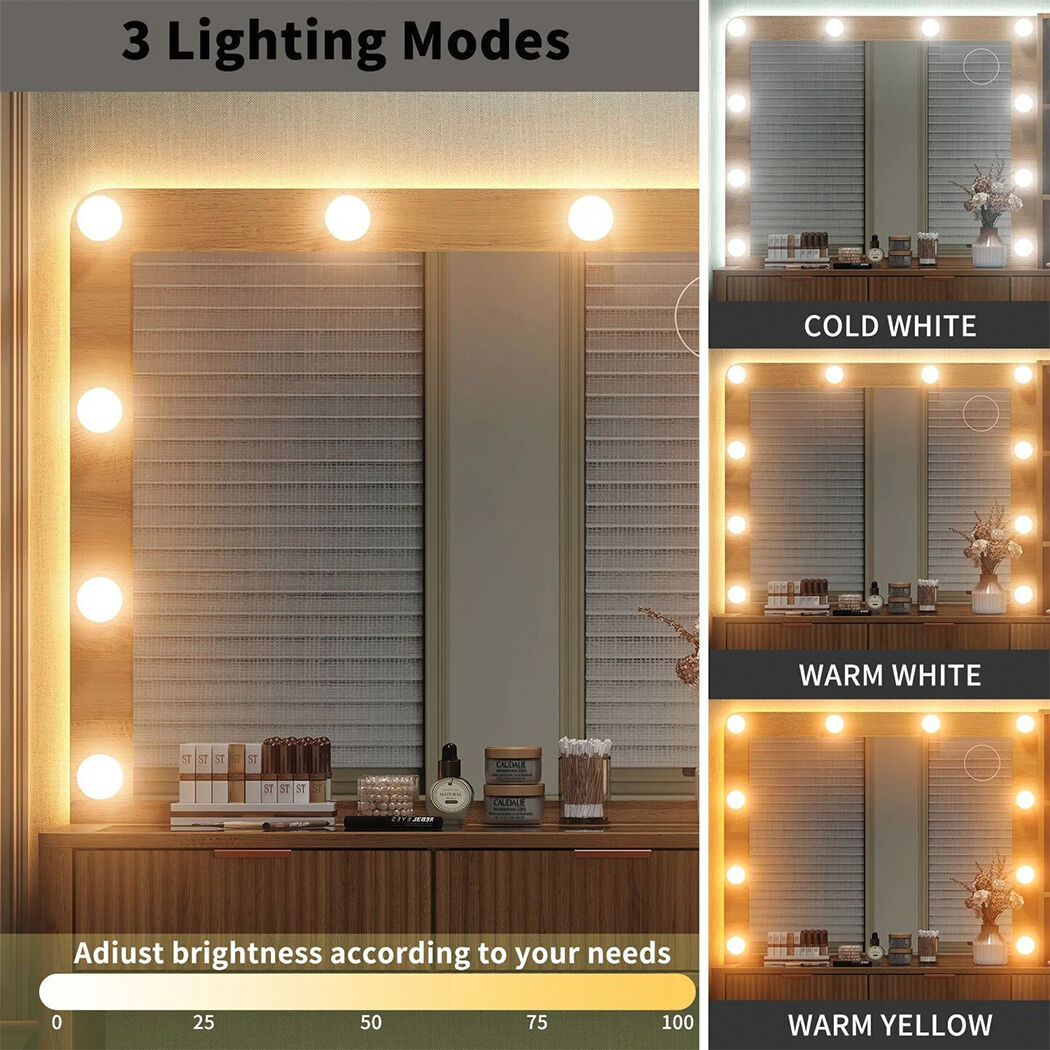   Linea Wood Dressing Table with LED Bulb Mirror & Stool Set