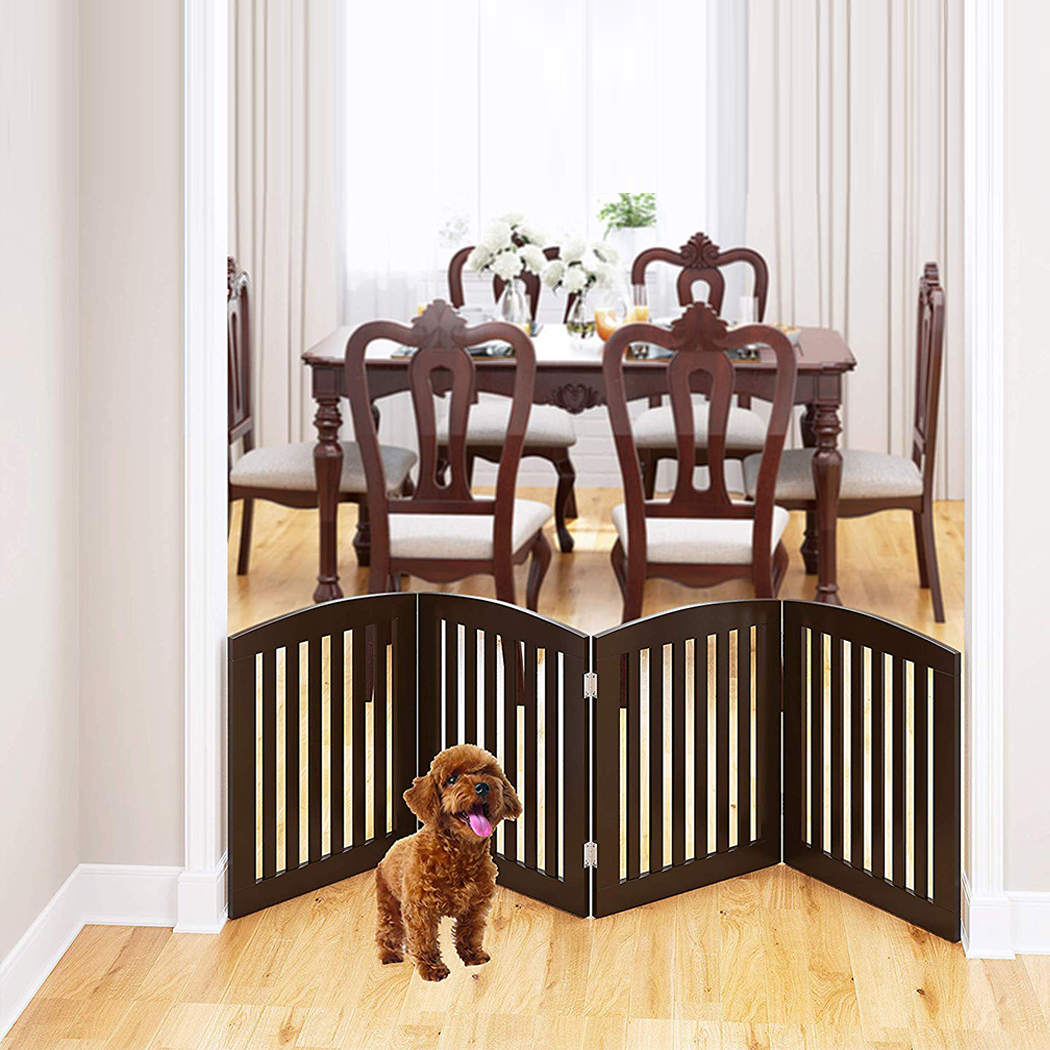 Set of 2 Freestanding Wooden Pet Gate 4 Panel Foldable Fence Brown
