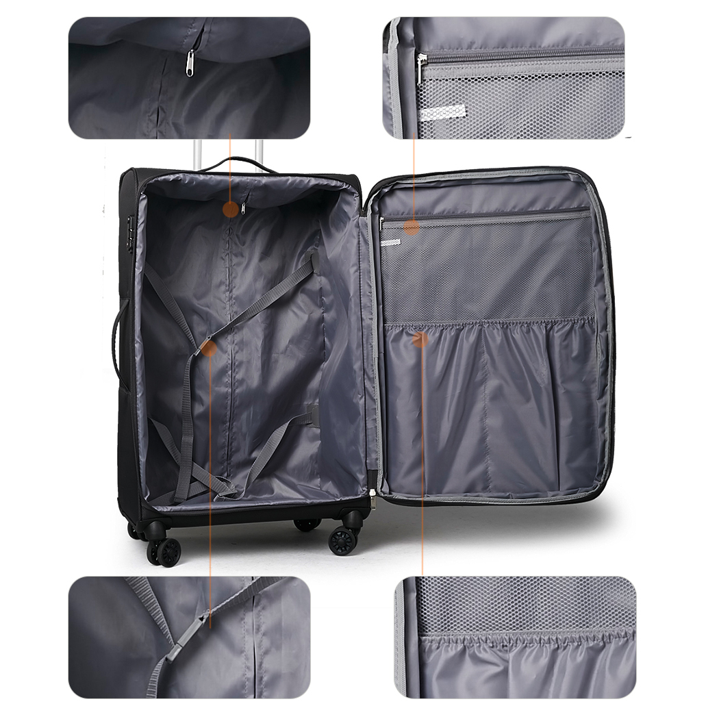   Conwwod SureLite 3pc 8 Wheels Soft Trolley Suitcase Black