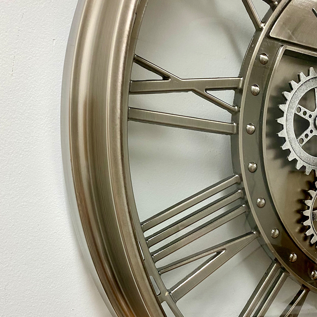   Round Industrial Silver Wash Iron Moving Gears Wall Clock 70cm