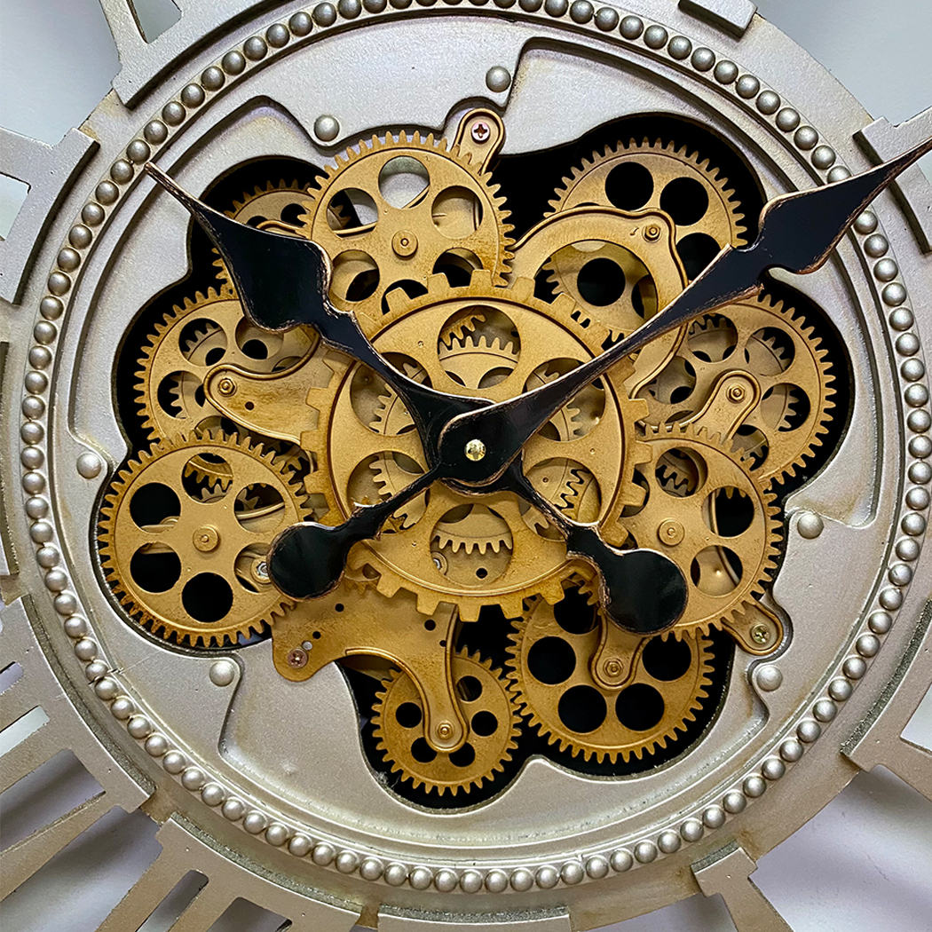   Metal Extra Large Square Moving Gears Wall Clock Silver 80cm