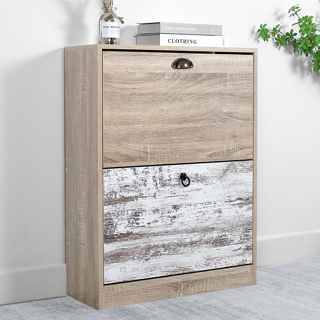   Set of 2 Luka 2 Drawer Shoe Cabinet White Washed and Oak
