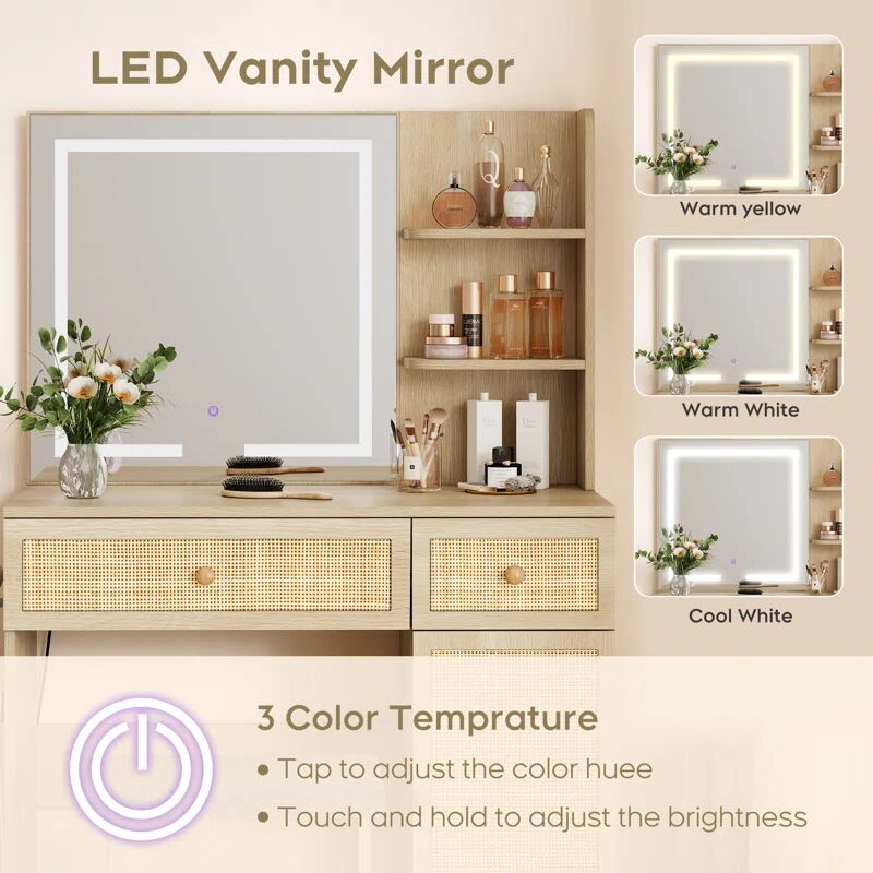   Luna Natural Rattan Dressing Table with LED Mirror & Stool Set