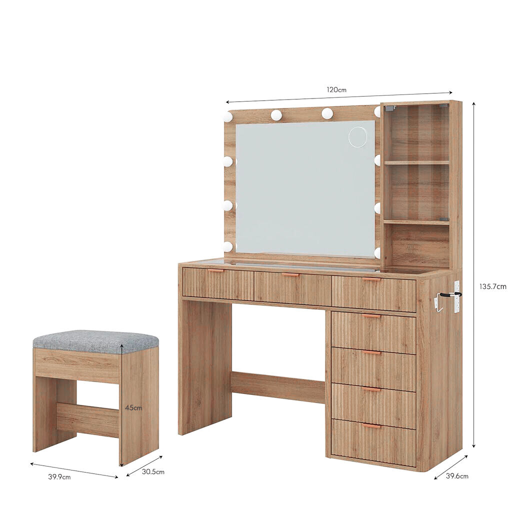   Linea Wood Dressing Table with LED Bulb Mirror & Stool Set