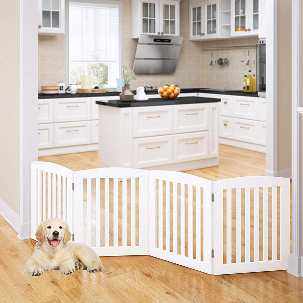   Freestanding Wooden Pet Gate 4 Panel Foldable Fence White